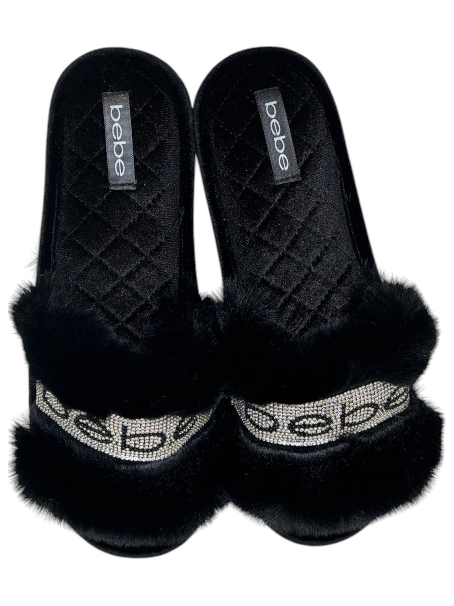 BEBE Faux Fur Foam Slippers - Black & Rhinestones
