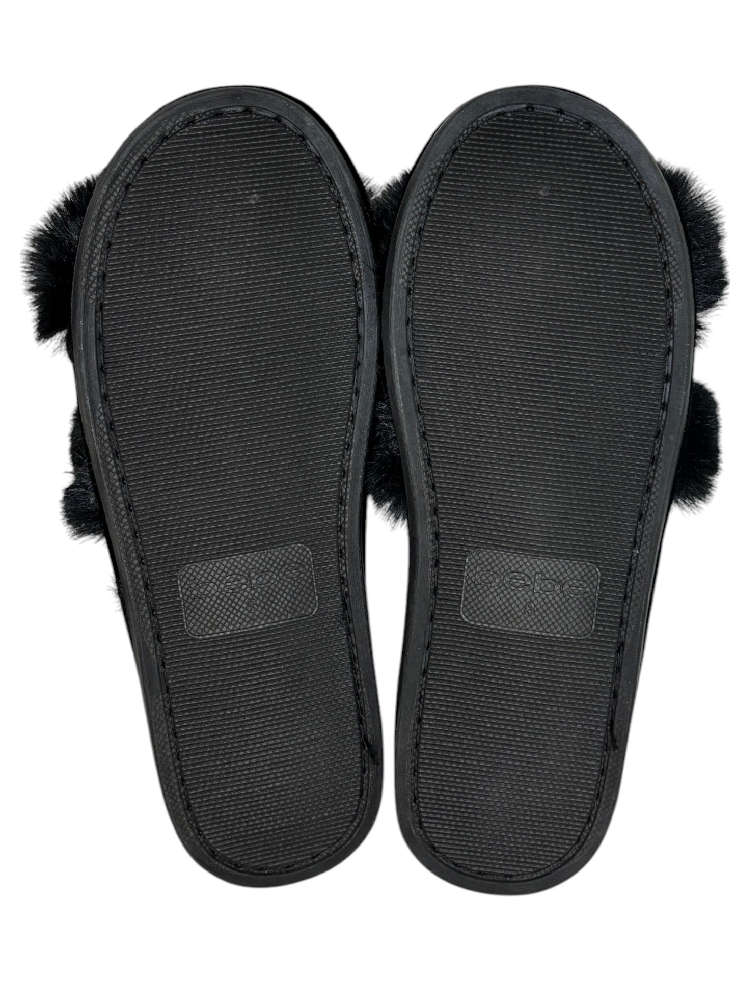 BEBE Faux Fur Foam Slippers - Black & Rhinestones