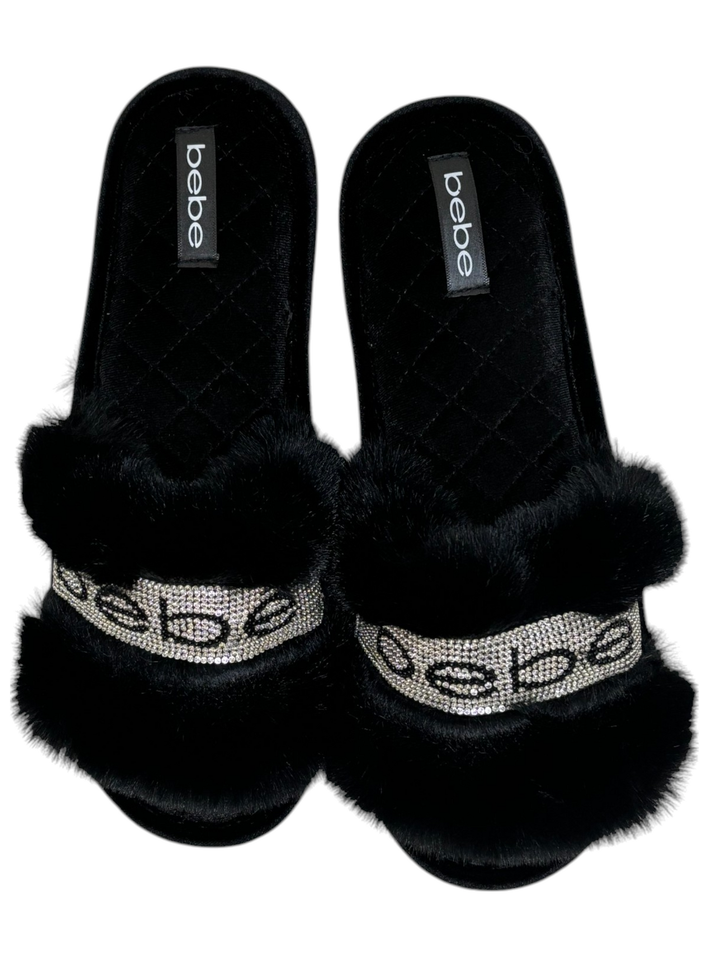 BEBE Faux Fur Foam Slippers - Black & Rhinestones