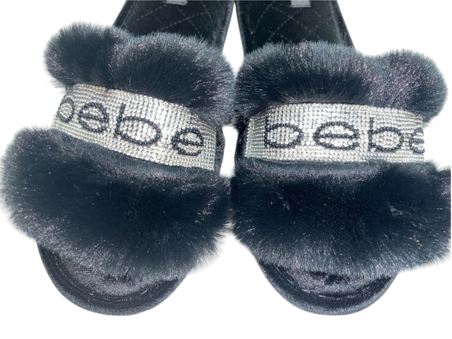 BEBE Faux Fur Foam Slippers - Black & Rhinestones