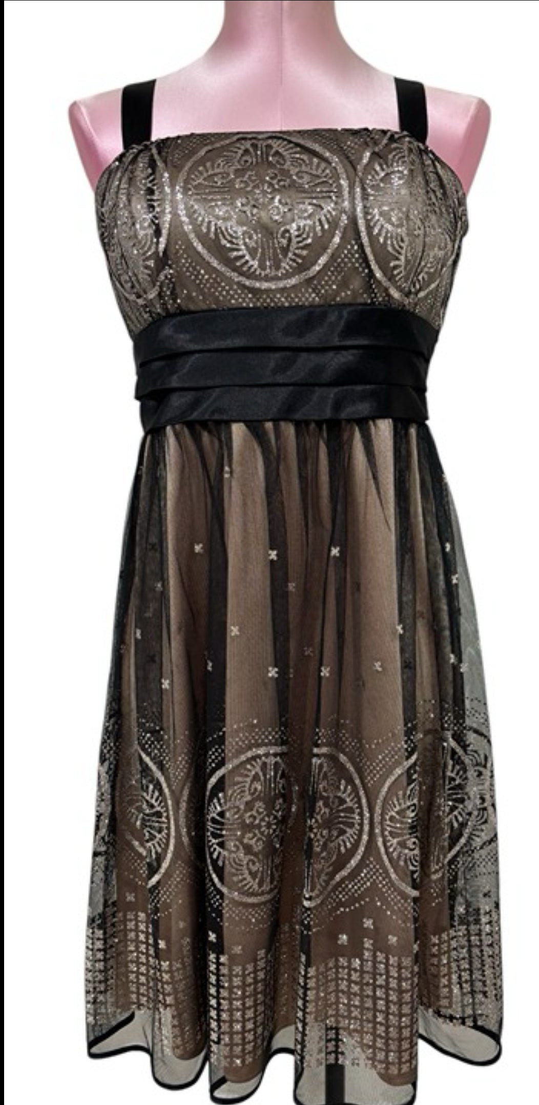 R & M Richards Gold Lace Mesh Cocktail Dress – Size 10P (Petite Medium)