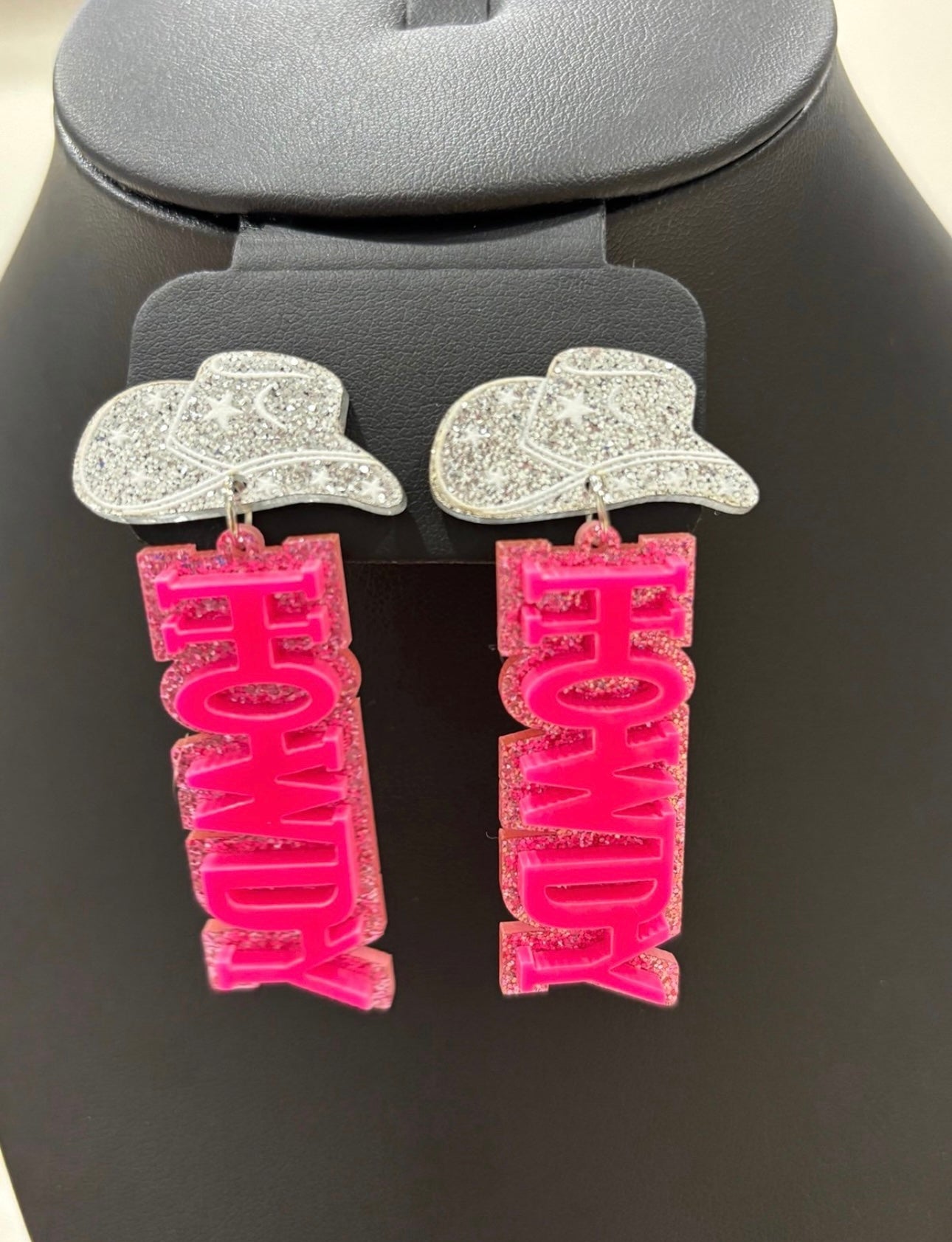 Glitter HOWDY Cowgirl Earrings – Pink & Silver Statement Pair