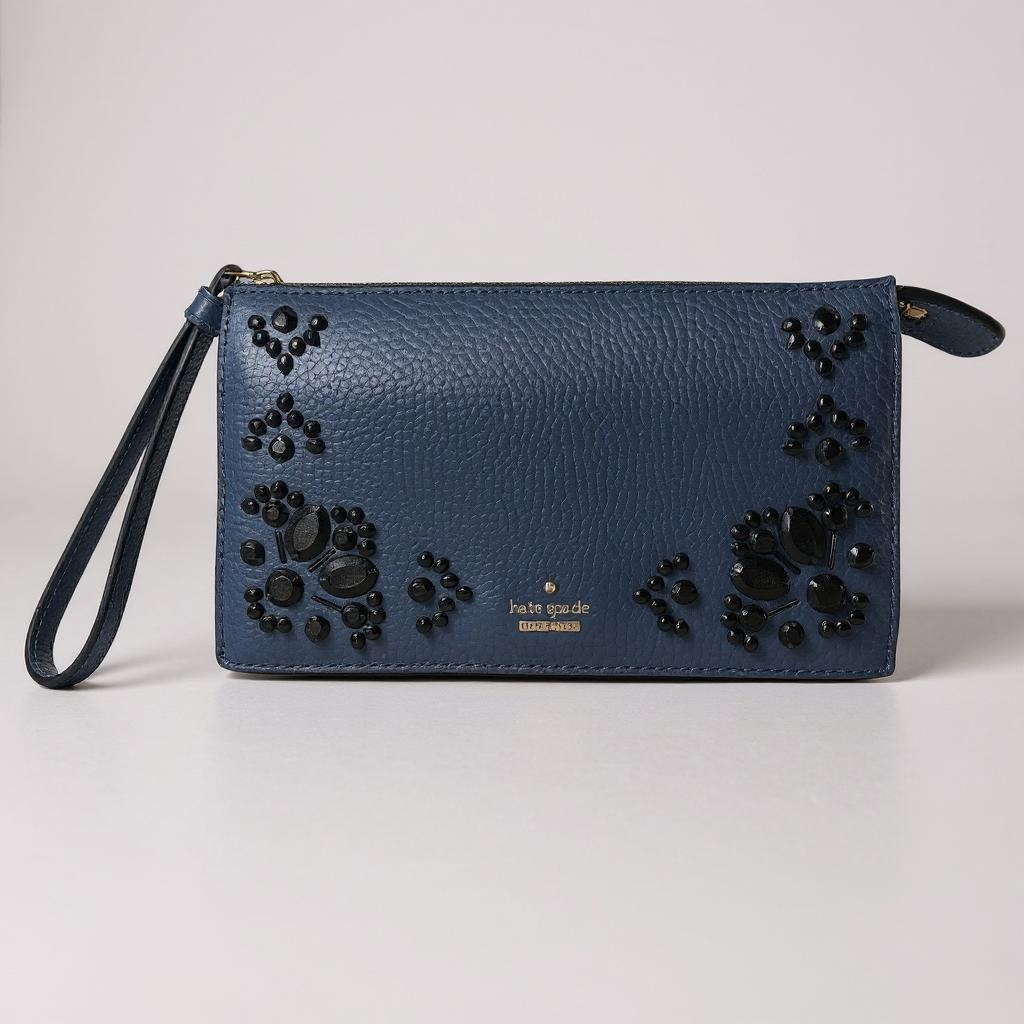 Kate Spade Anderson Street Wristlet Wallet – Navy with Black Bead Embellishments