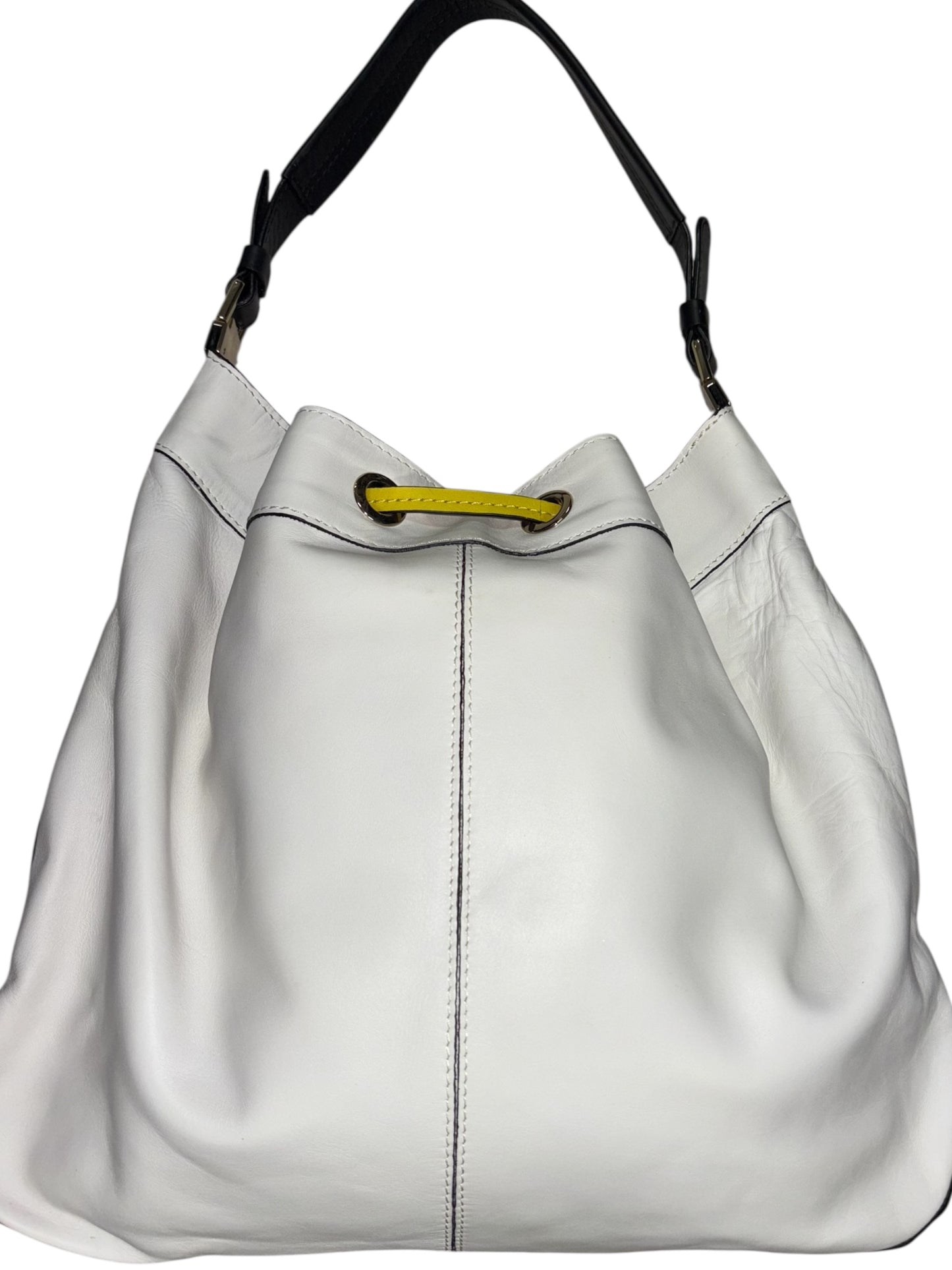 Boden White Leather Bucket Bag with Yellow Tassel Drawstring