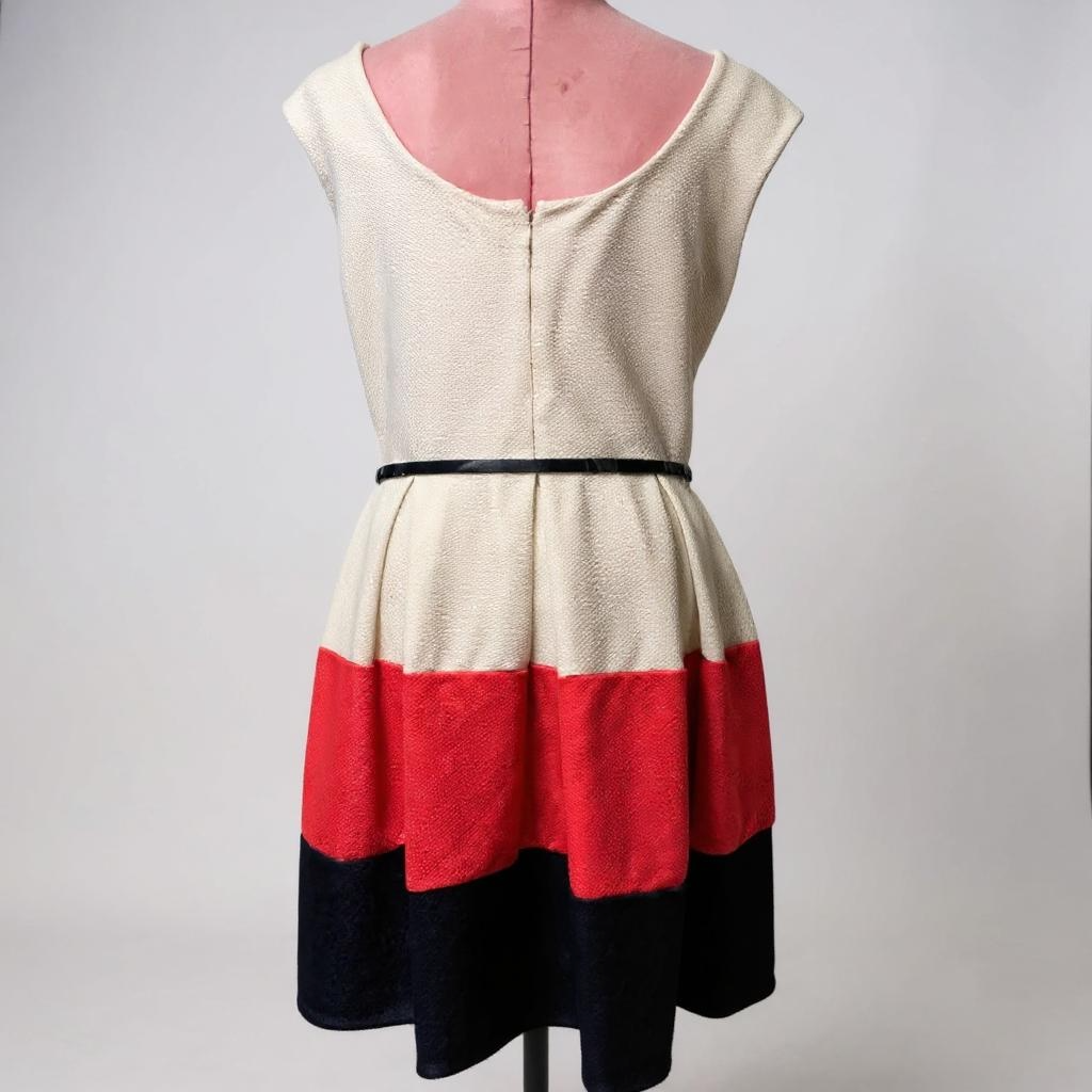 Tiana B. Colorblock Fit & Flare Dress – Size 16 Red Cream Navy Belted Sleeveless