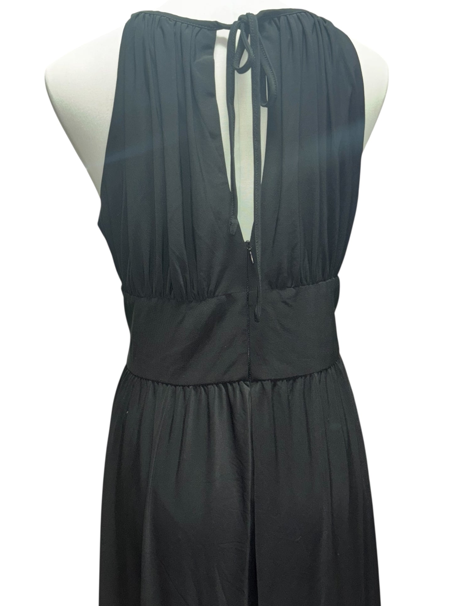 R&M Richards Glam Gown – Size 16 Black Beaded Waist Maxi Dress w/ Keyhole Neck