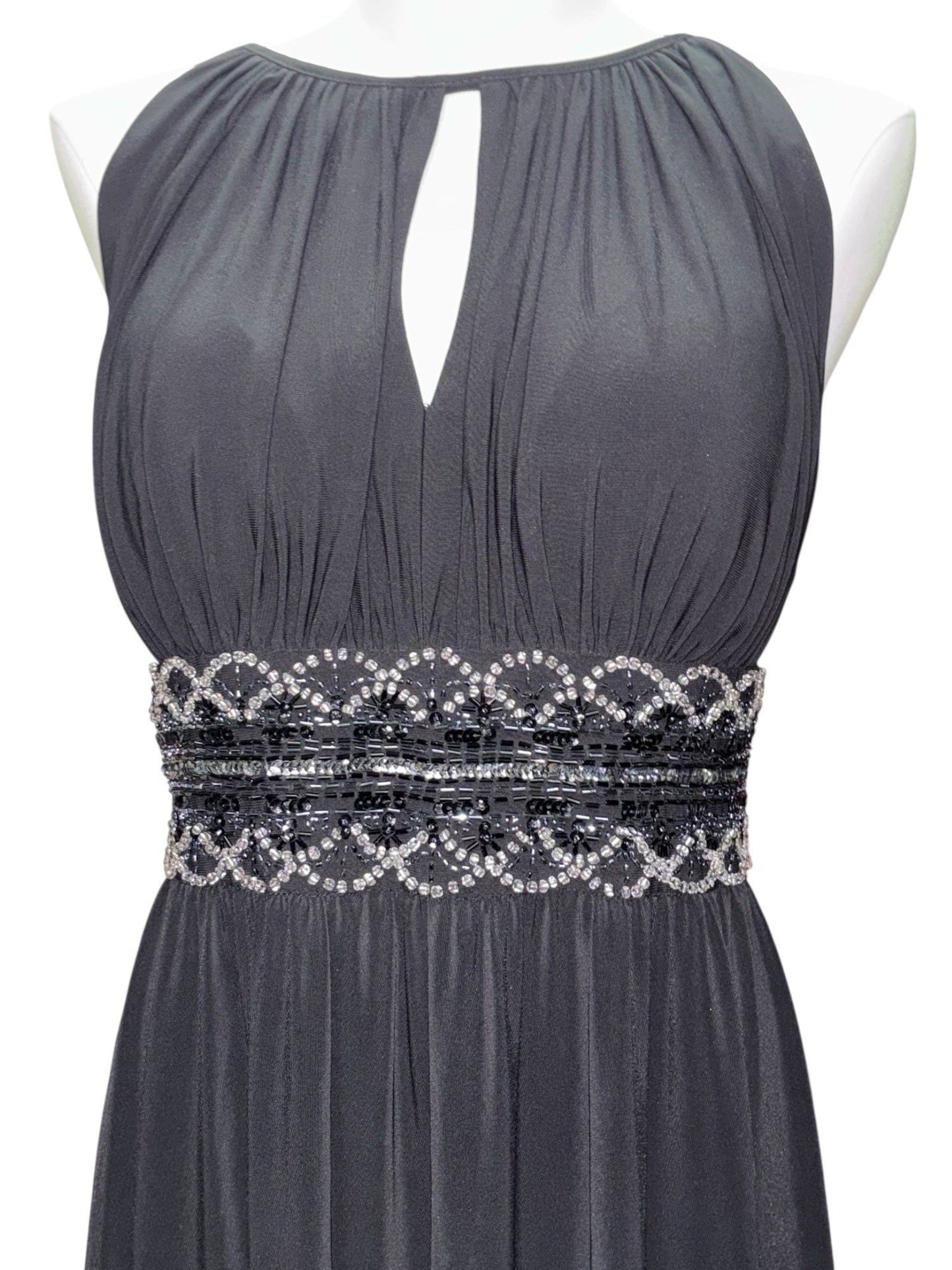 R&M Richards Glam Gown – Size 16 Black Beaded Waist Maxi Dress w/ Keyhole Neck