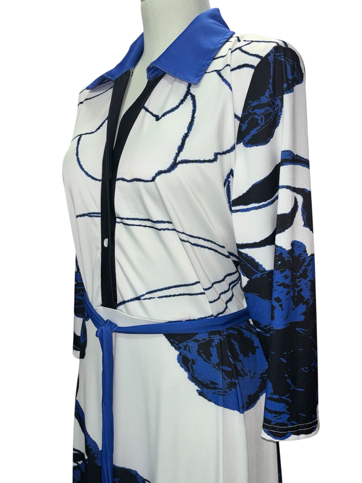 Lily by Firmiana XL Belted Shirt Dress β Blue & Black Abstract Floral Maxi