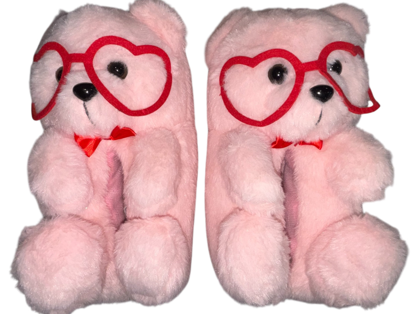 Cozy Teddy Bear Slippers with Heart Glasses – Pink & Adorable!