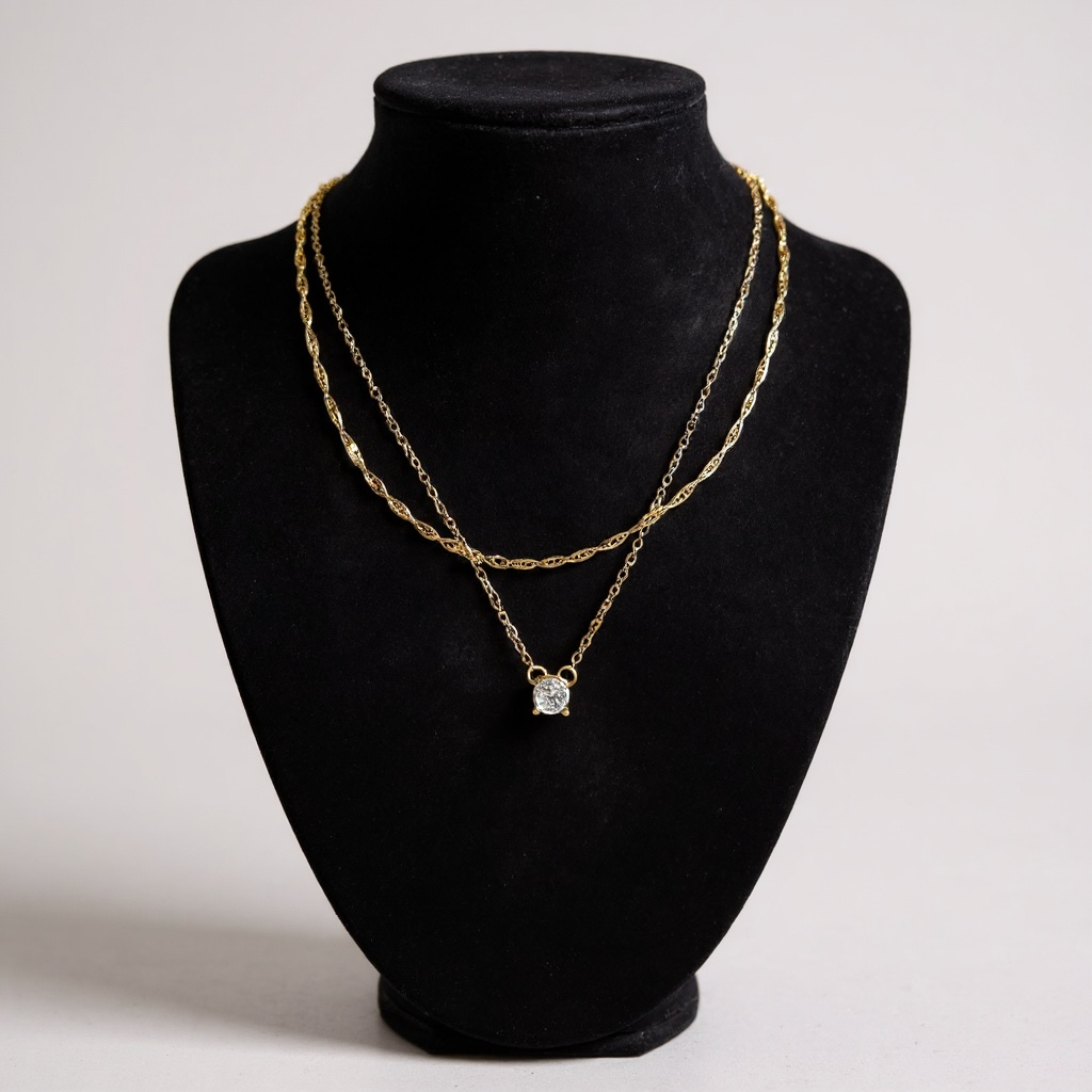 Dainty 14k Gold Plated Layered Necklace with Solitaire Pendant – Adjustable Double Chain Jewelry Gift