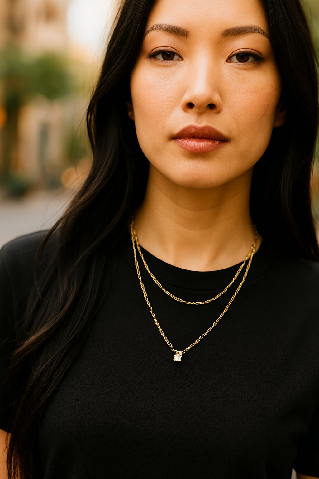Dainty 14k Gold Plated Layered Necklace with Solitaire Pendant – Adjustable Double Chain Jewelry Gift