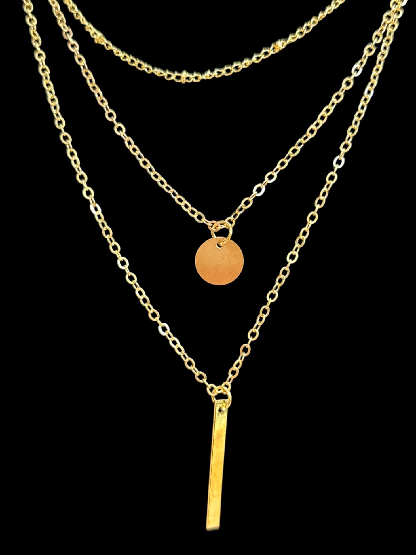 Gold Layered Necklace – Triple Chain with Circle & Bar Pendant