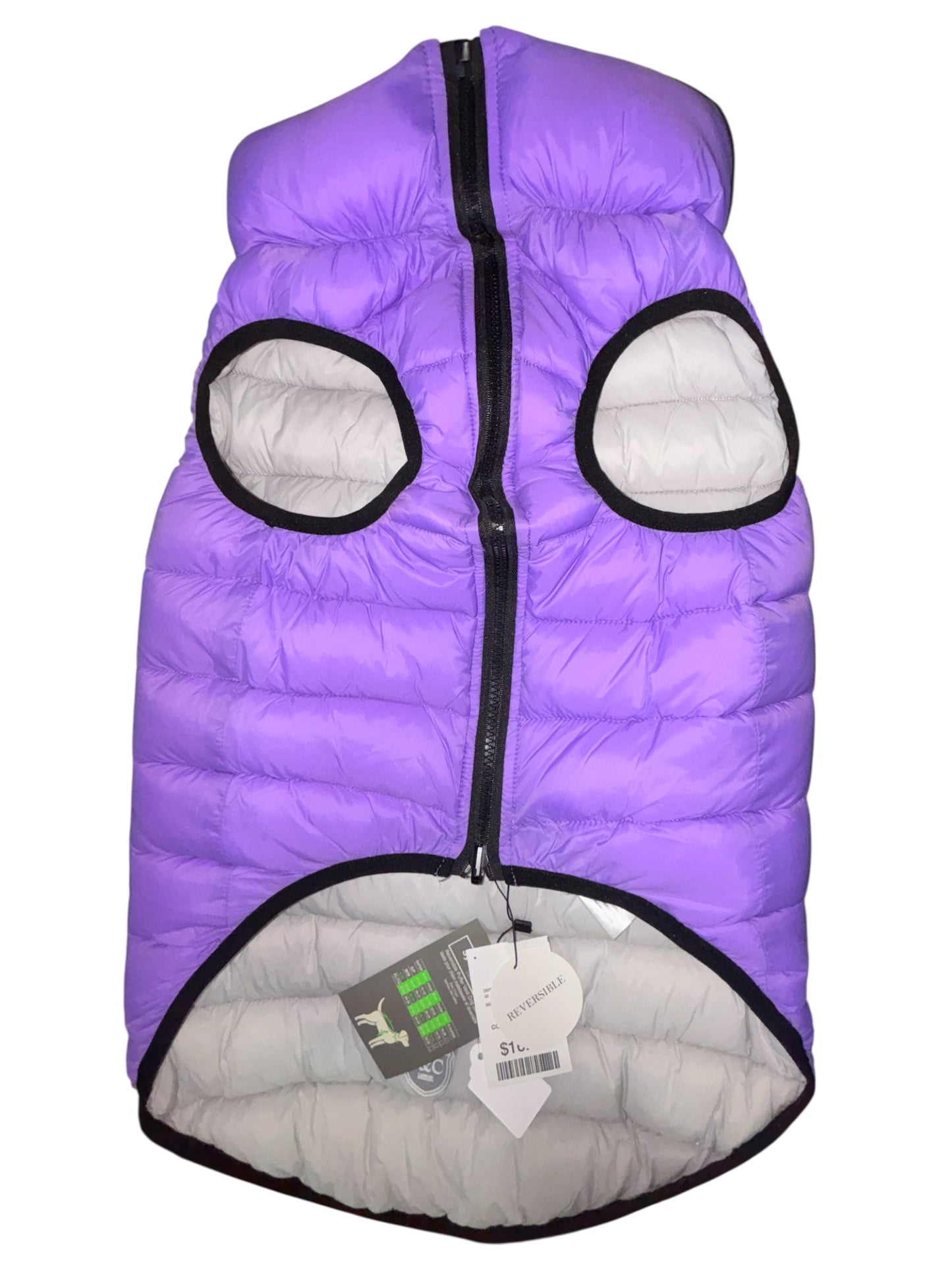 Sydney & Co. Reversible Puffer Dog Vest – Purple & Silver