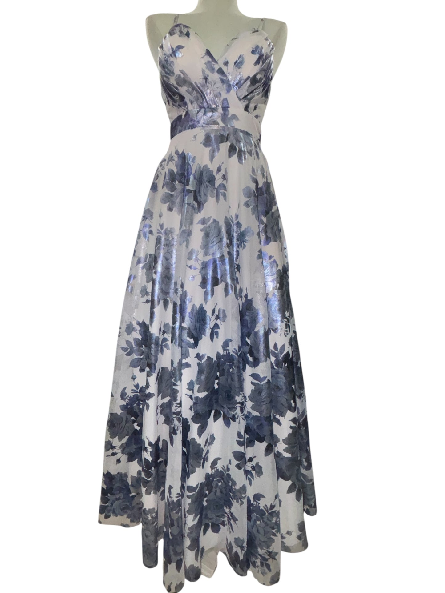 City Vibe Blue & Silver Floral Maxi Dress – Size 3