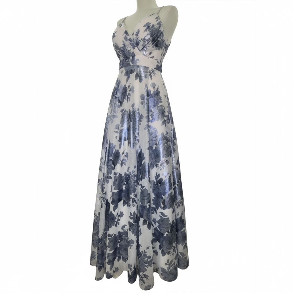 City Vibe Blue & Silver Floral Maxi Dress – Size 3
