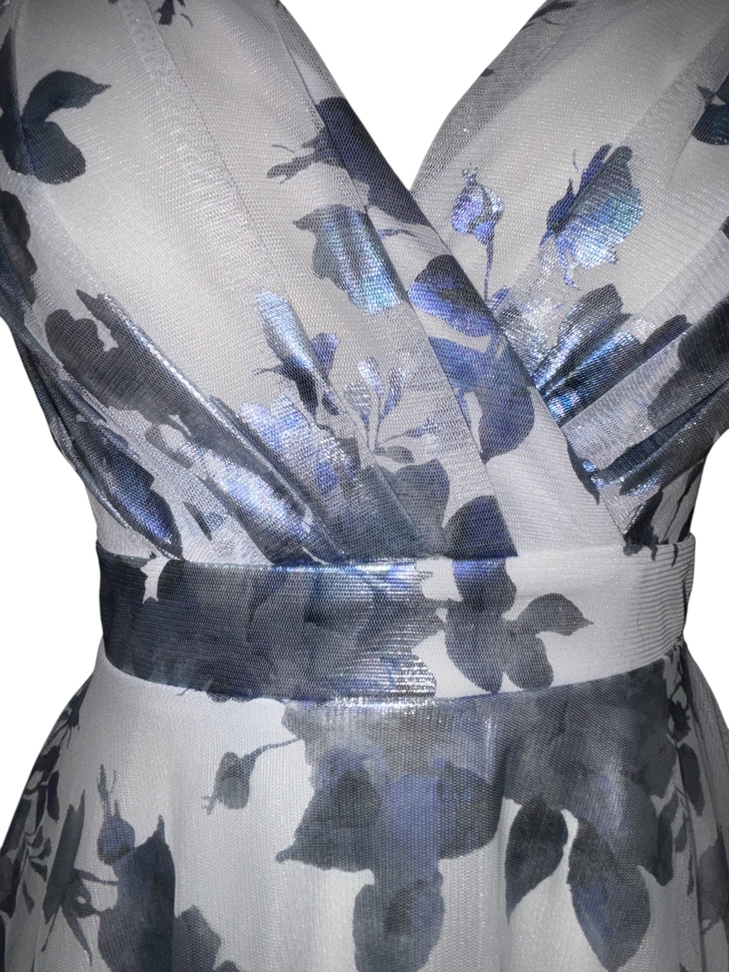City Vibe Blue & Silver Floral Maxi Dress – Size 3