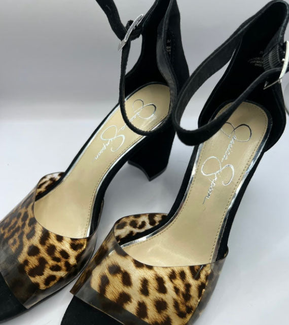 Jessica Simpson Leopard Print Black Suede Heels (Size 8)