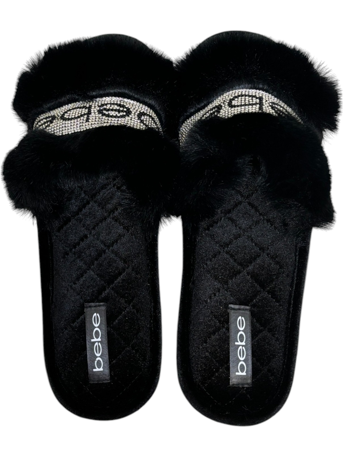 BEBE Faux Fur Foam Slippers - Black & Rhinestones
