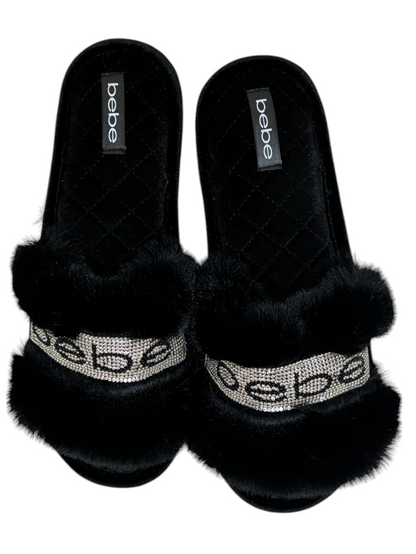 BEBE Faux Fur Foam Slippers - Black & Rhinestones