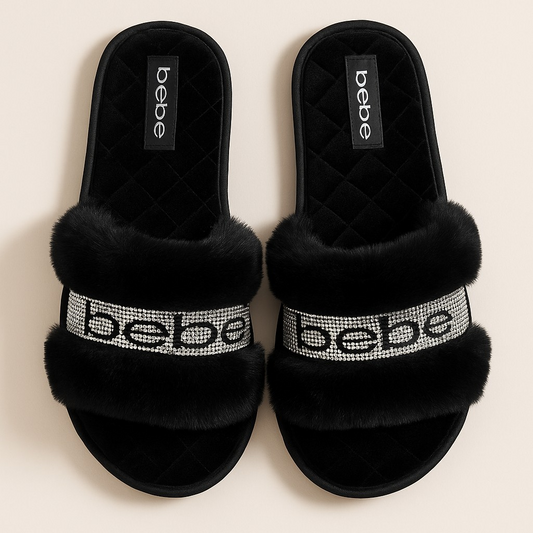 BEBE Faux Fur Foam Slippers - Black & Rhinestones
