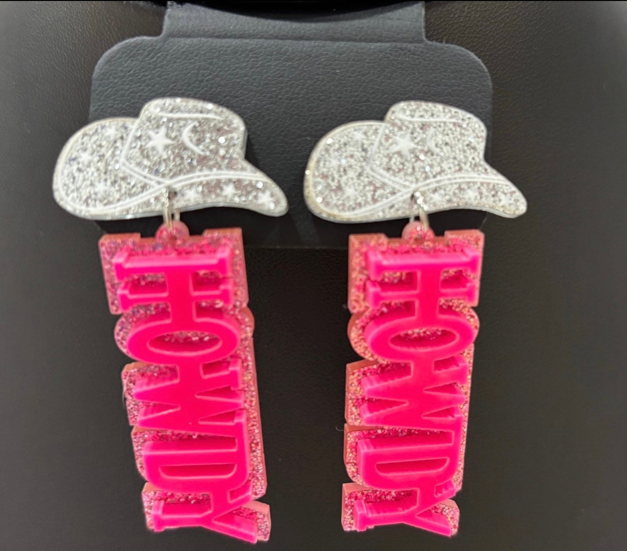 Glitter HOWDY Cowgirl Earrings – Pink & Silver Statement Pair