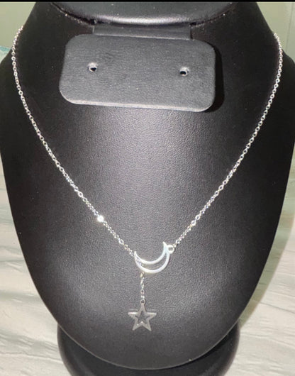 Moon & Star Drop Necklace – Silver-Tone