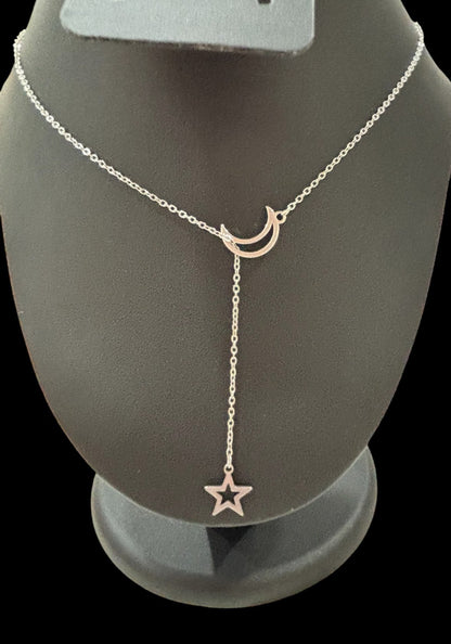 Moon & Star Drop Necklace – Silver-Tone