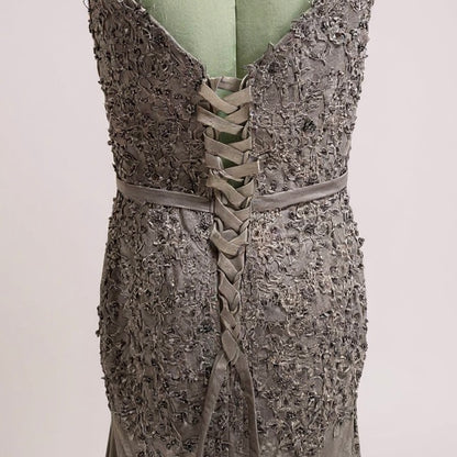 Elegant Silver Beaded Lace Evening Gown