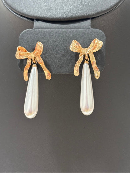 Gold Bow & Pearl Drop Earrings