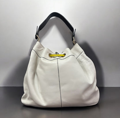 Boden White Leather Bucket Bag with Yellow Tassel Drawstring