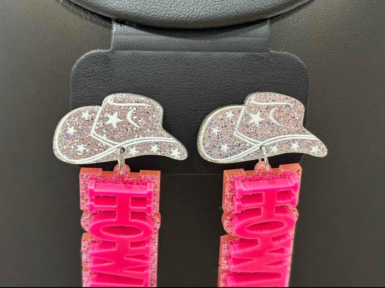 Glitter HOWDY Cowgirl Earrings – Pink & Silver Statement Pair