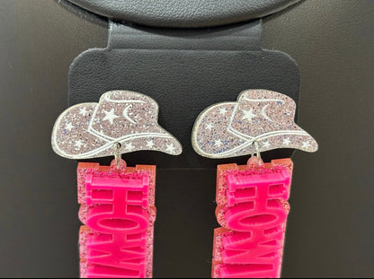 Glitter HOWDY Cowgirl Earrings – Pink & Silver Statement Pair