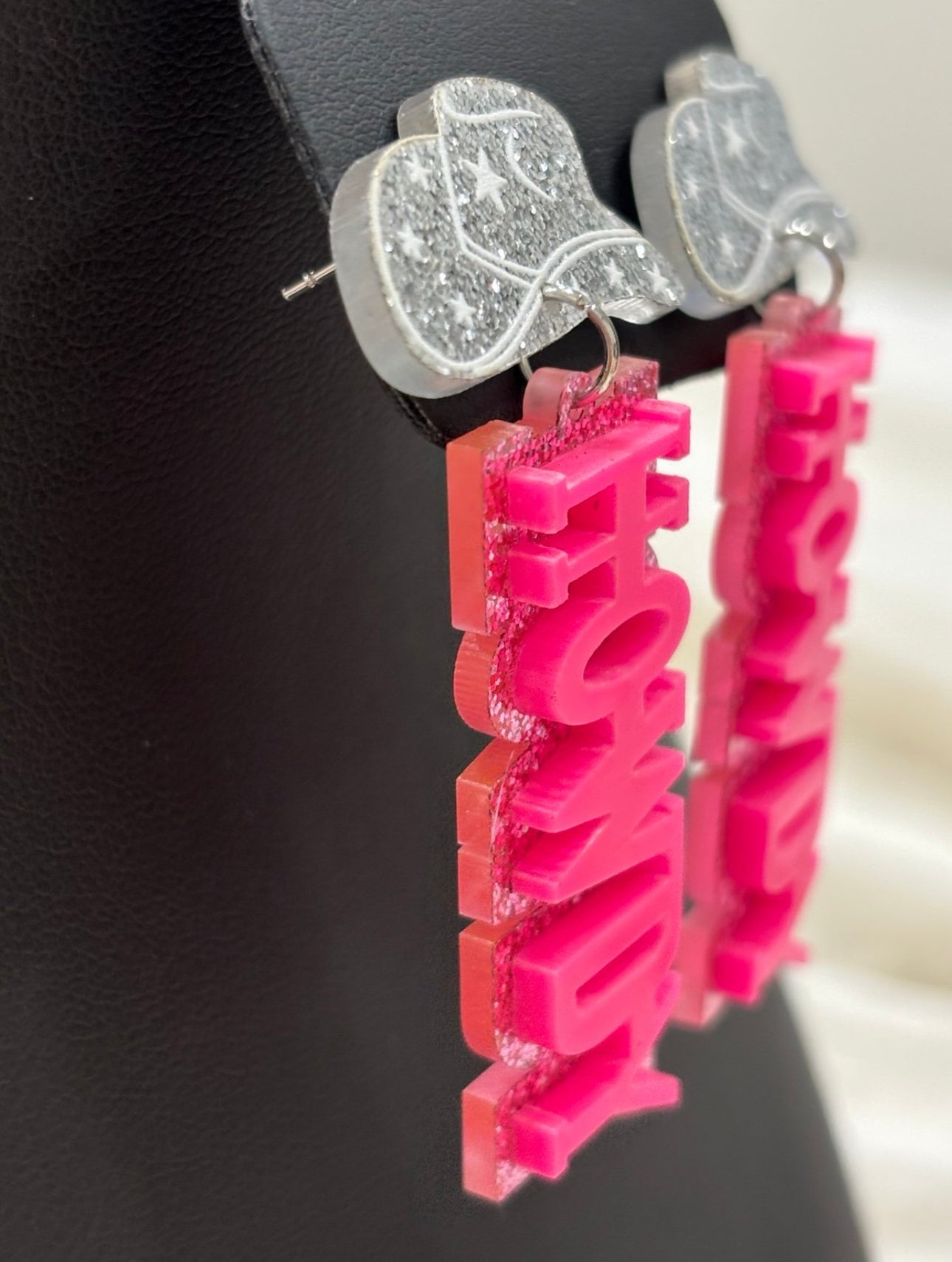 Glitter HOWDY Cowgirl Earrings – Pink & Silver Statement Pair