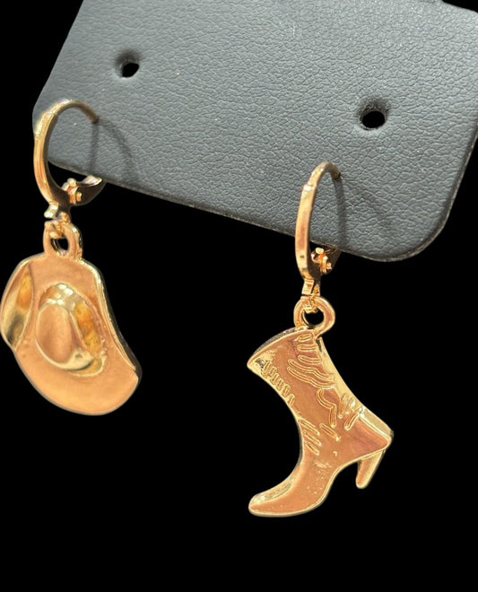 Gold Cowgirl Hat & Boot Earrings – Western Charm Duo