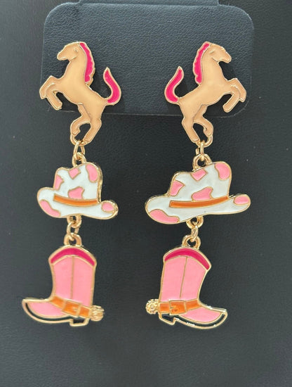 Giddy Up Cowgirl Dangle Earrings – Horse, Hat & Boot Trio