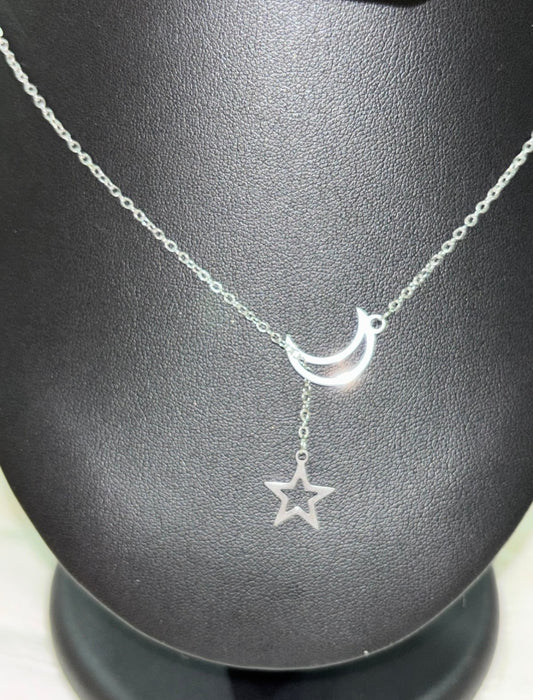Moon & Star Drop Necklace – Silver-Tone