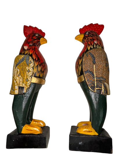 Hand-Carved Rooster Couple – Folk Art Figurines 