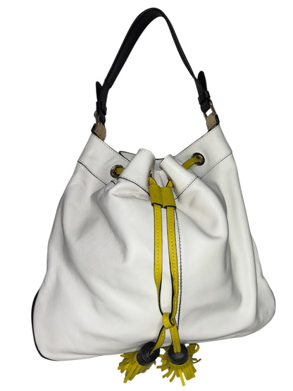 Boden White Leather Bucket Bag with Yellow Tassel Drawstring