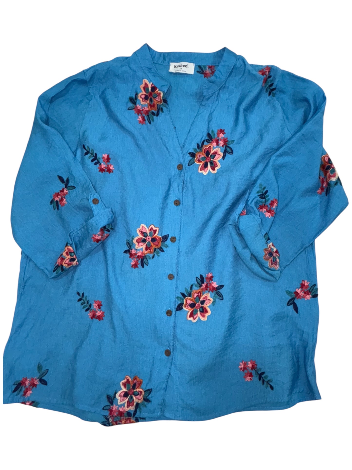 Kindred Blue Embroidered Button-Up Blouse – Size 2X