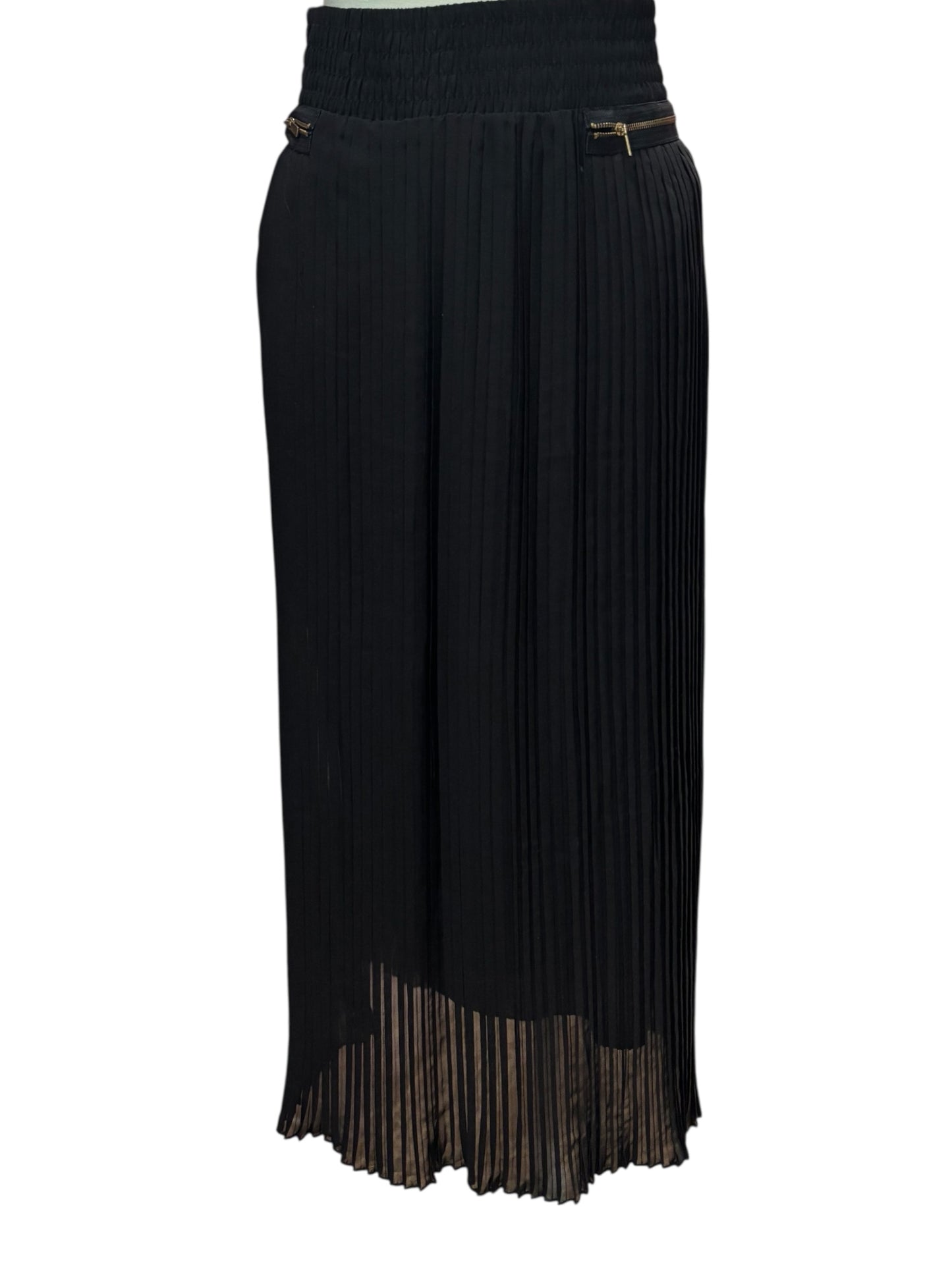 Metro Wear Black Pleated Midi Skirt – Sheer Overlay, Gold Zipper Accents (Size L)