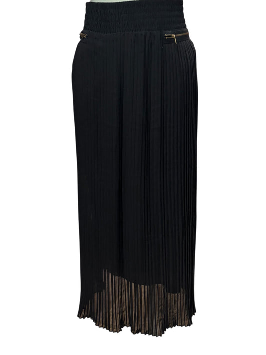 Metro Wear Black Pleated Midi Skirt – Sheer Overlay, Gold Zipper Accents (Size L)