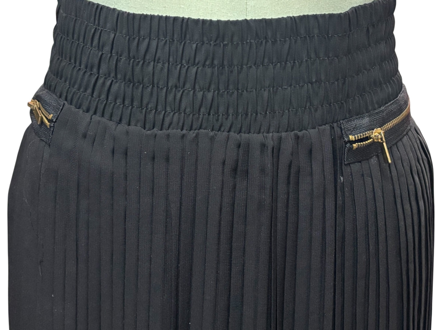 Metro Wear Black Pleated Midi Skirt – Sheer Overlay, Gold Zipper Accents (Size L)