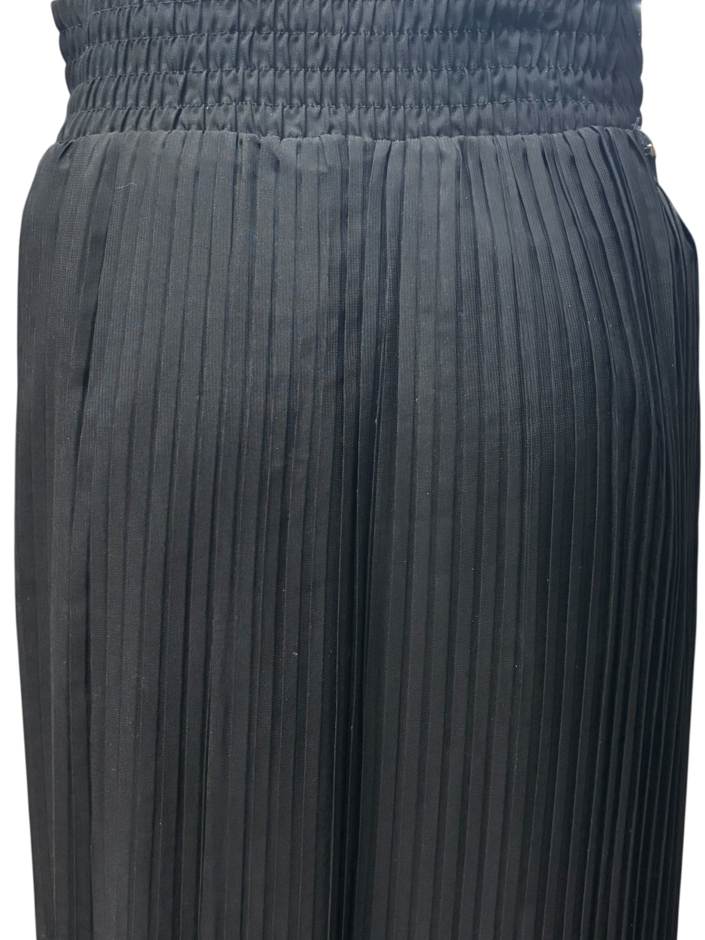 Metro Wear Black Pleated Midi Skirt – Sheer Overlay, Gold Zipper Accents (Size L)