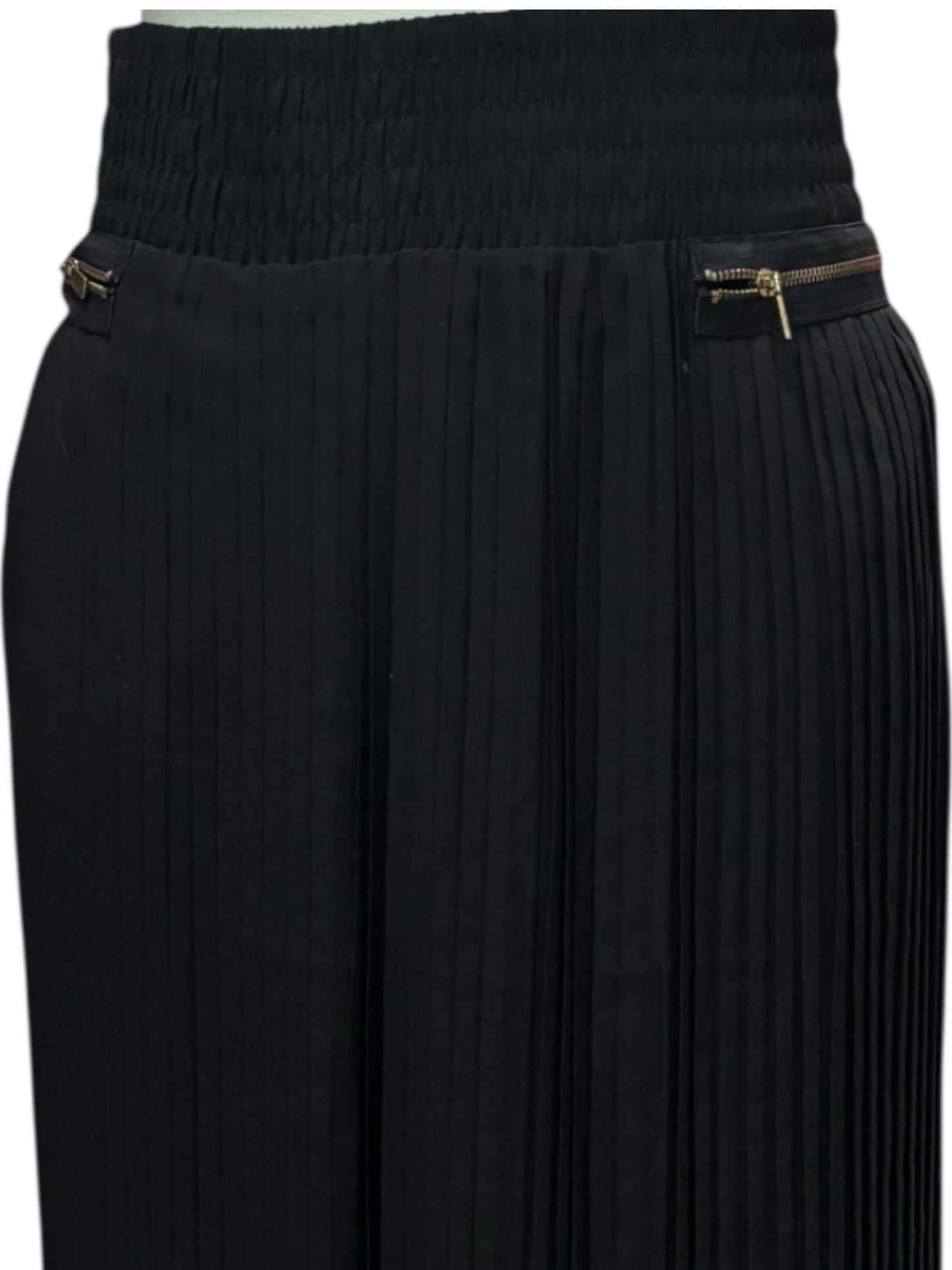 Metro Wear Black Pleated Midi Skirt – Sheer Overlay, Gold Zipper Accents (Size L)