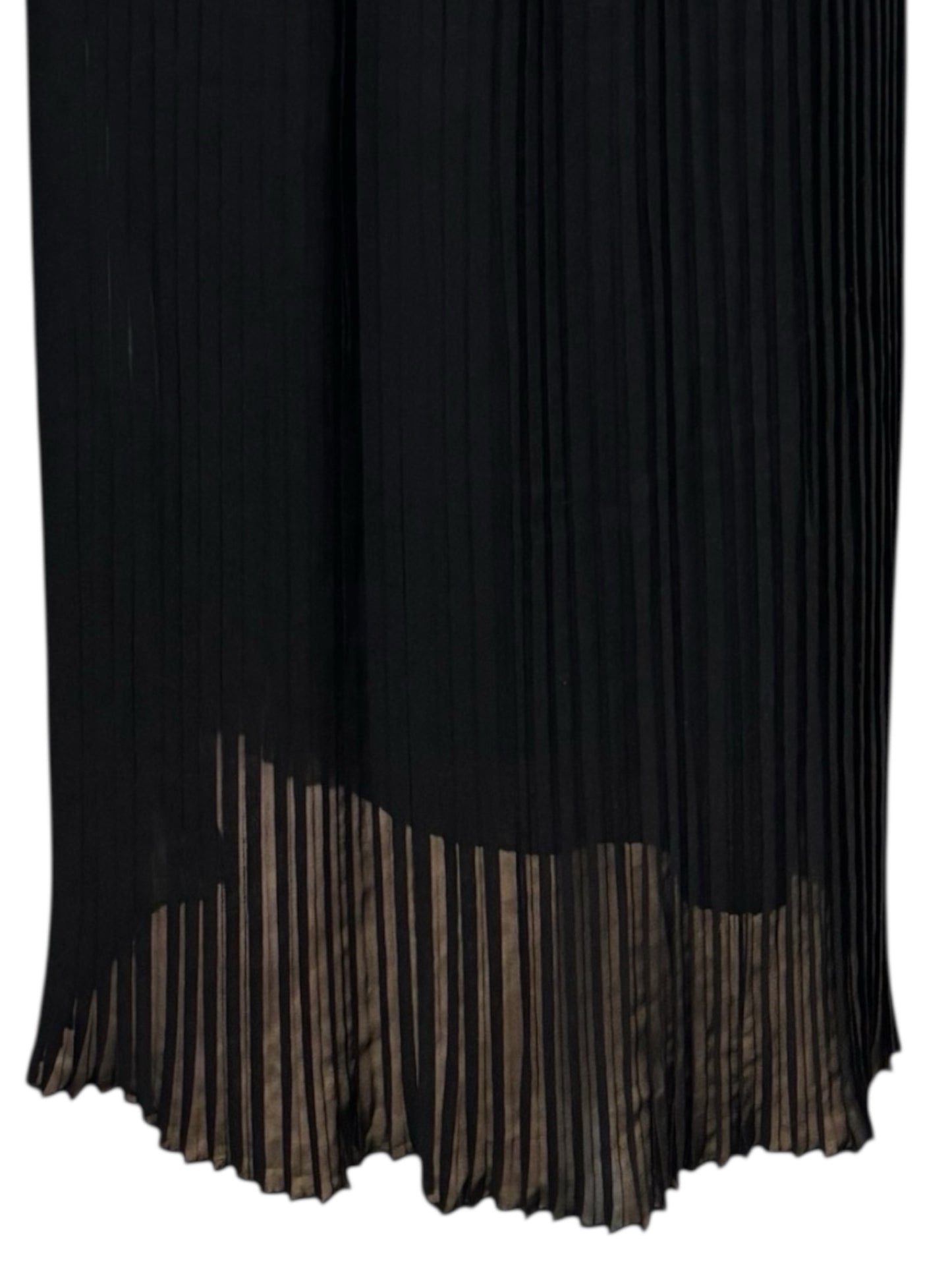 Metro Wear Black Pleated Midi Skirt – Sheer Overlay, Gold Zipper Accents (Size L)