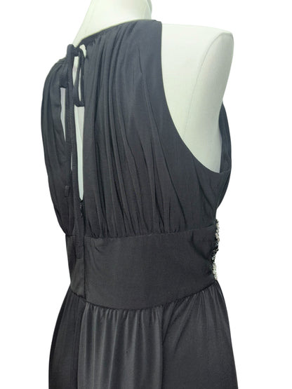 R&M Richards Glam Gown – Size 16 Black Beaded Waist Maxi Dress w/ Keyhole Neck