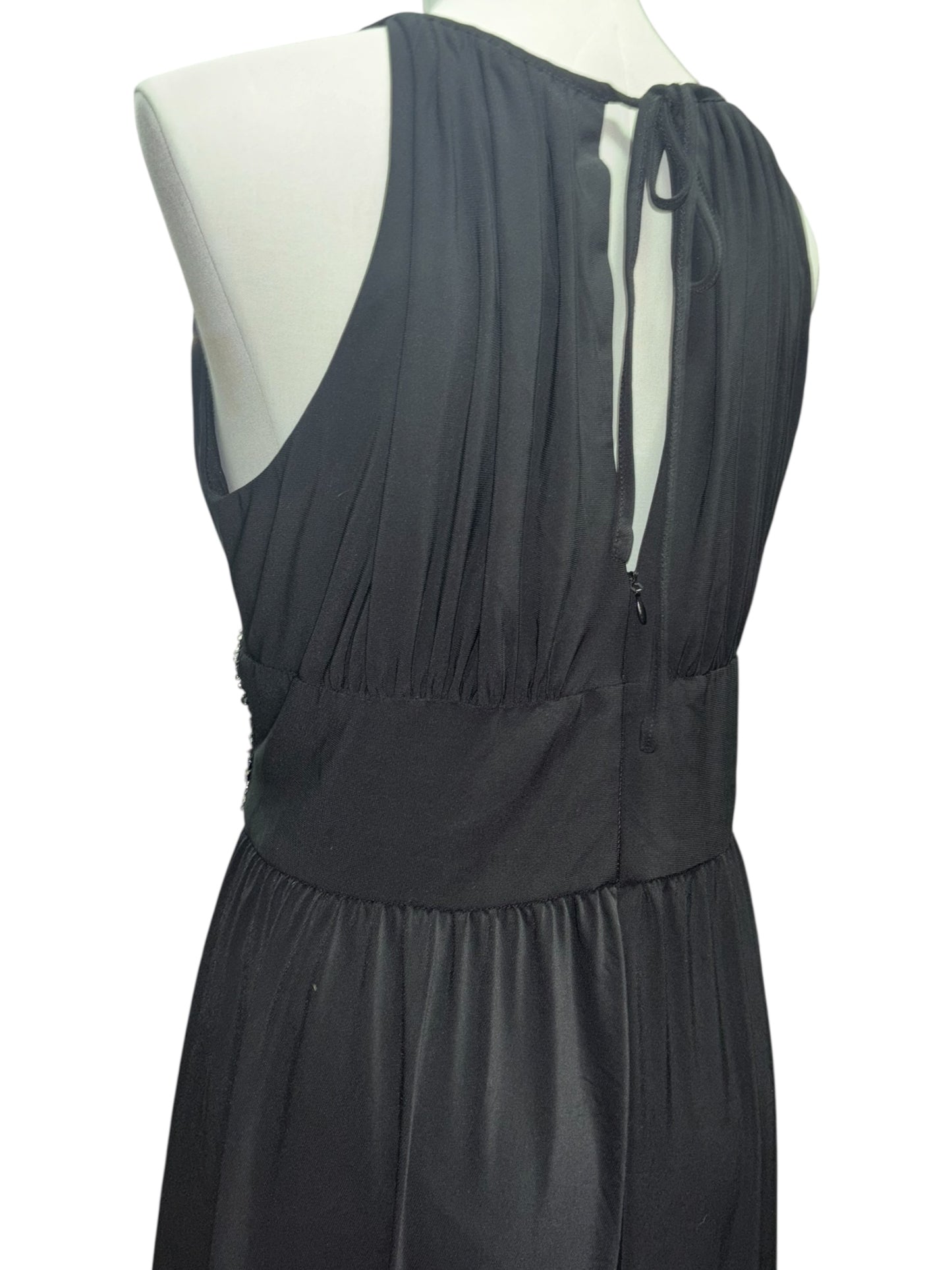 R&M Richards Glam Gown – Size 16 Black Beaded Waist Maxi Dress w/ Keyhole Neck