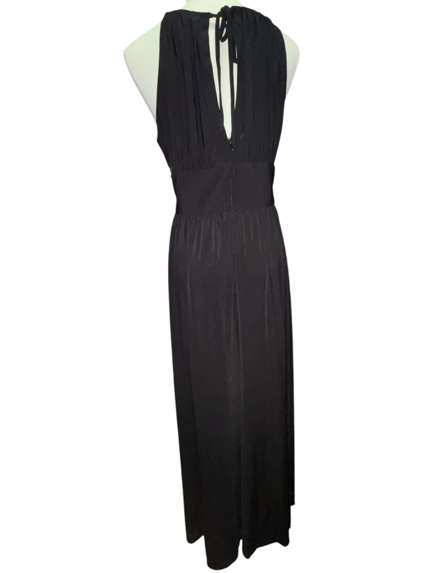 R&M Richards Glam Gown – Size 16 Black Beaded Waist Maxi Dress w/ Keyhole Neck