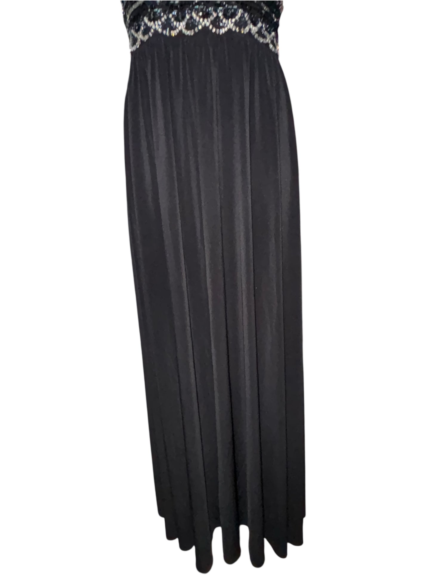 R&M Richards Glam Gown – Size 16 Black Beaded Waist Maxi Dress w/ Keyhole Neck