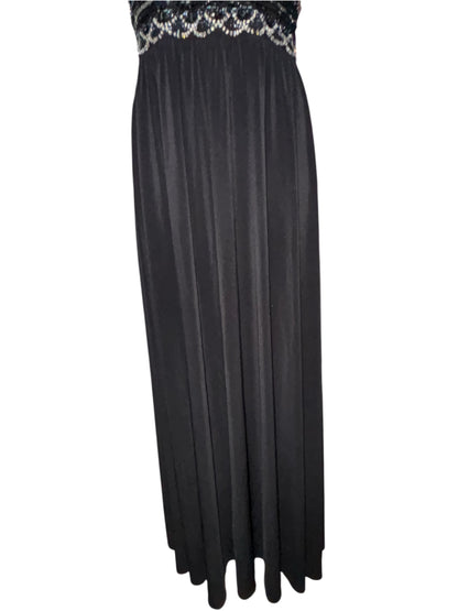 R&M Richards Glam Gown – Size 16 Black Beaded Waist Maxi Dress w/ Keyhole Neck